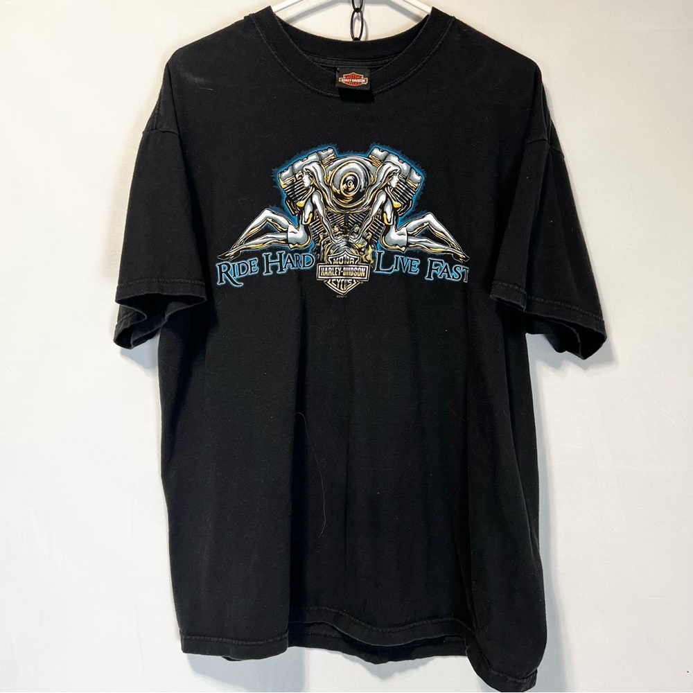 Harley Davidson Ride Hard Live Fast engine shirt 2005 vintage graphic